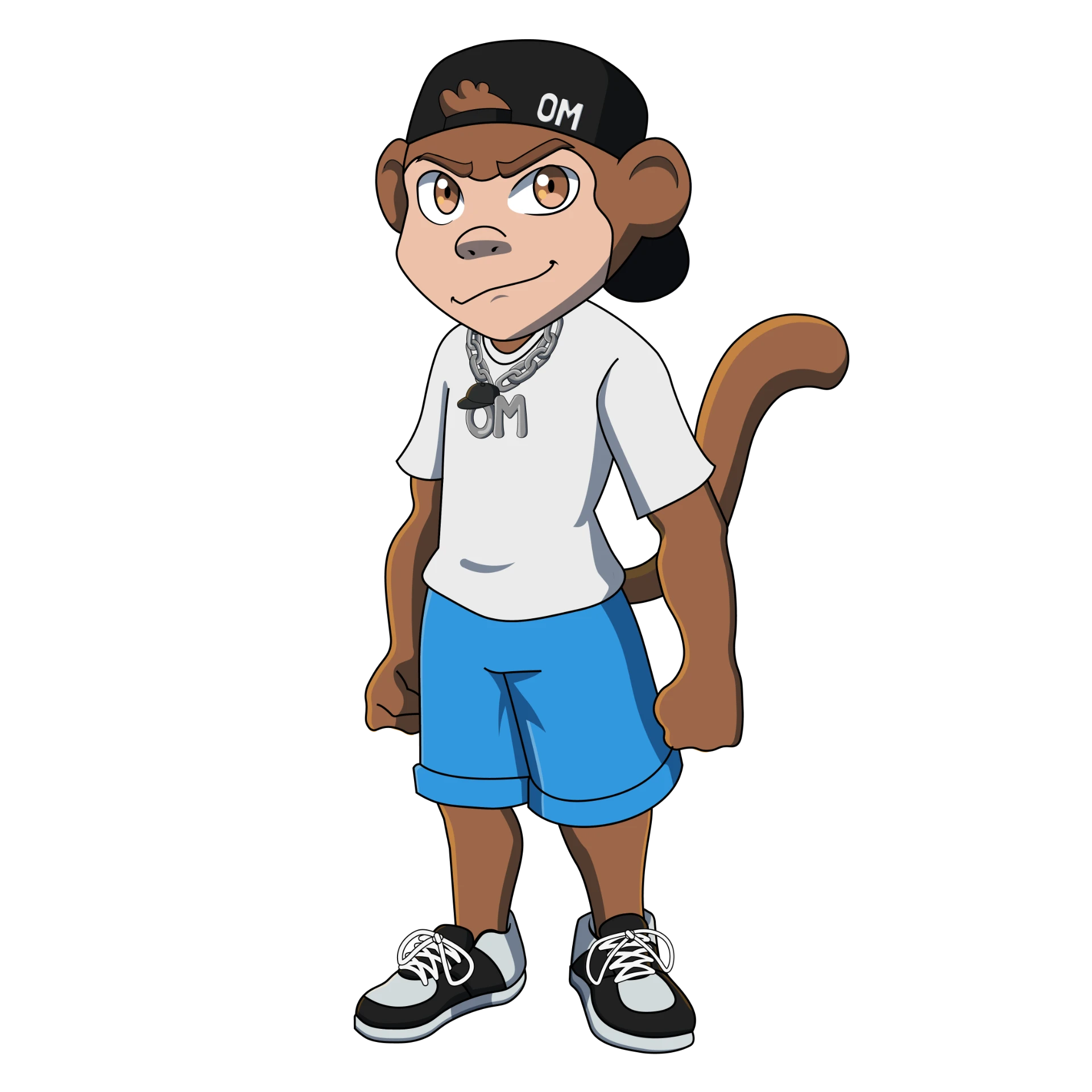 Mascota de One More Ecuador: mono con gorra negra OM, cadena y short celeste